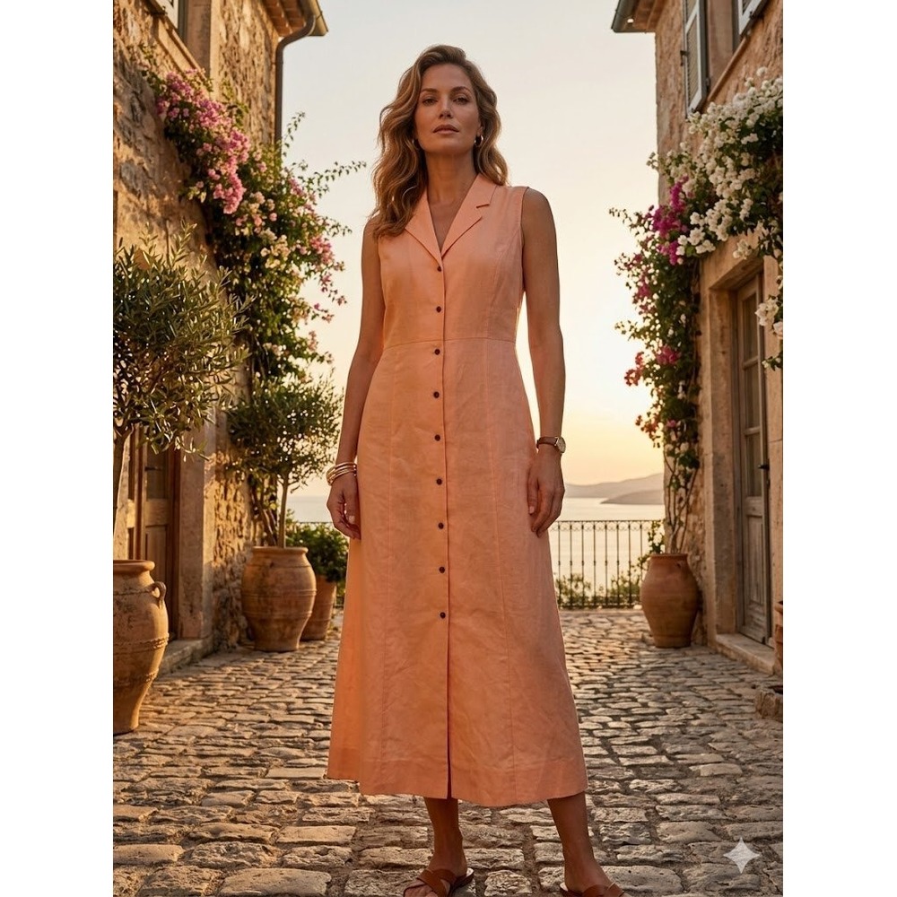 Vintage Jaclyn Smith Peach Linen Blend Sleeveless Shirtdress Midi XL Lagenlook